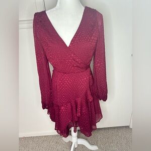 Altar’d State Chic Red Wrap Dress with Ruffled Hem and Bishop Sleeves Size M